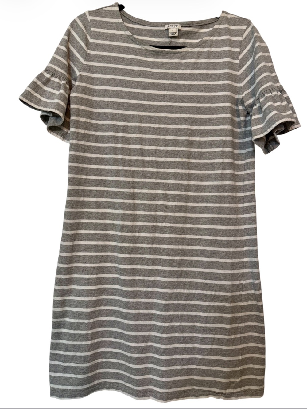 JCrew Gray and White Ruffled Bell Sleeve Shift Striped Dress Women's Size Small